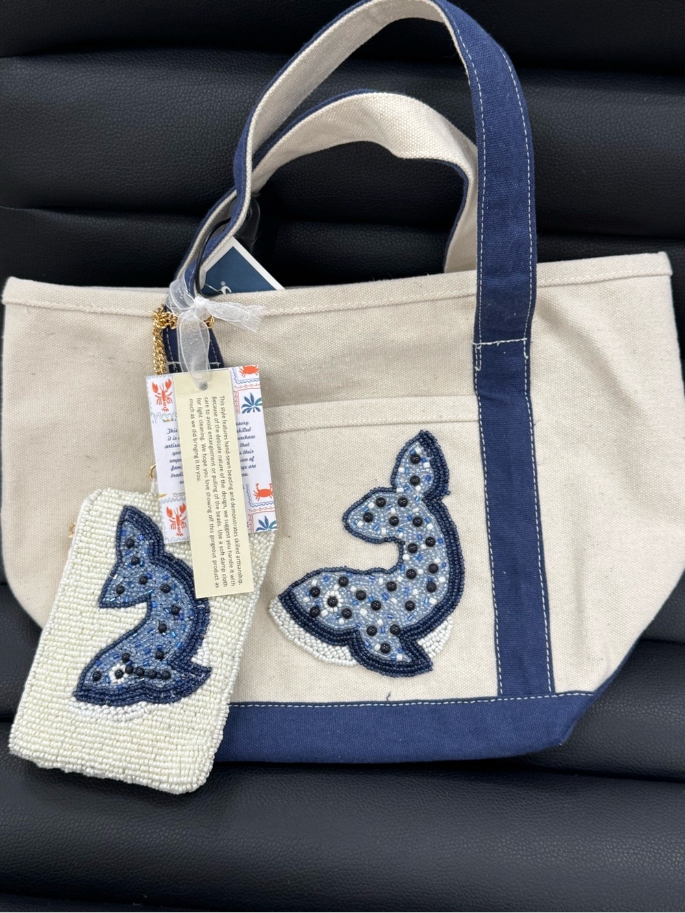 Beaded Whale Tote Bag in Natural and Navy